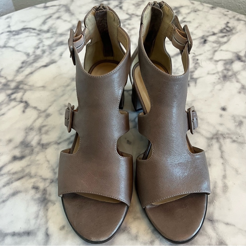 Vaneli Brown Cutout Leather Block Heel Sandals